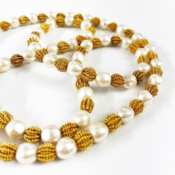 Anne Klein Vintage Gold & Pearl Textured Ball Long Necklace - Picture 1 of 10